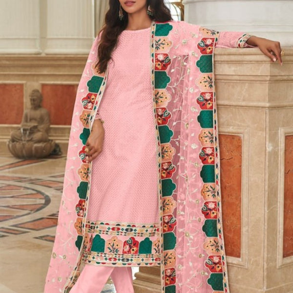 Anaita Baby Pink Faux Georgette Plazzo Suit With Embroidery & Sequins Work - Distacart