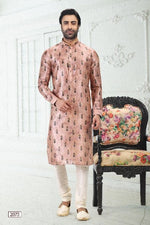 Thumbnail for Raivat Ethnic Banarasi Silk Pintux Work Kurta Pajama In Peach Colour - Distacart