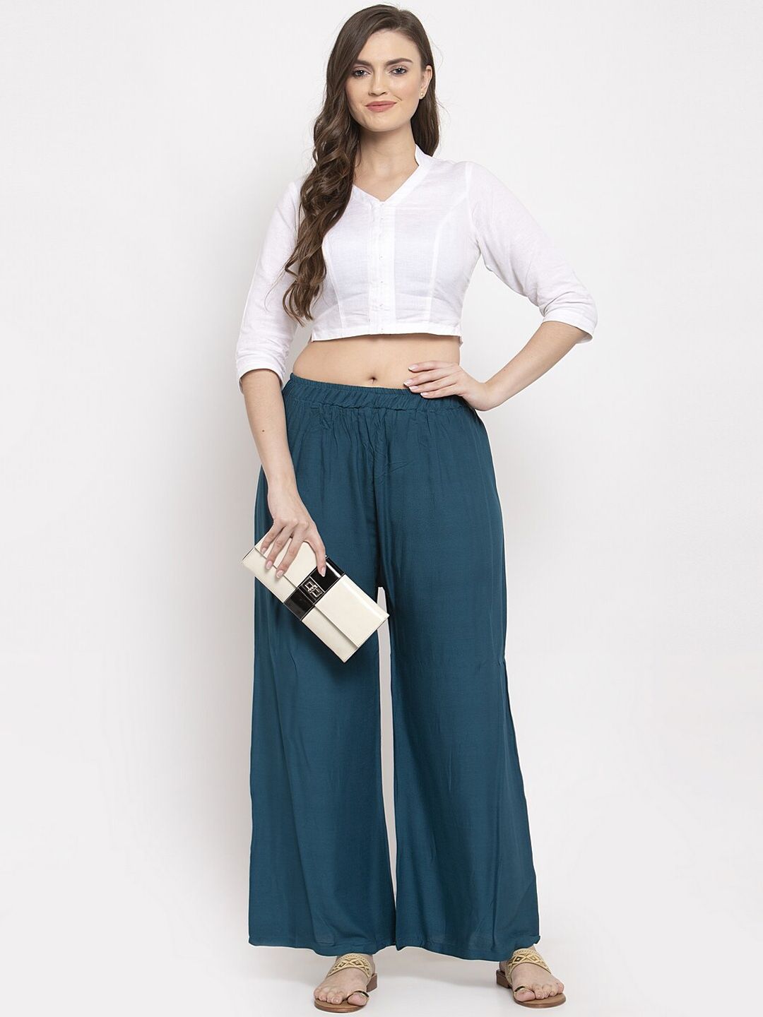 TAG 7 Women Set Of 2 Blue & Magenta Solid Straight Palazzos