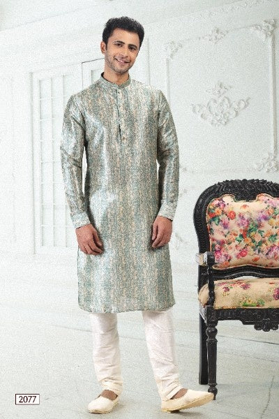 Raivat Ethnic Banarasi Silk Pintux Work Kurta Pajama In Cream Teal Green Colour - Distacart