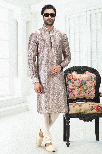 Raivat Ethnic Banarasi Silk Pintux Work Kurta Pajama In Cream Grey Colour - Distacart