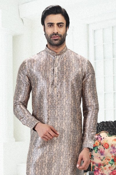 Raivat Ethnic Banarasi Silk Pintux Work Kurta Pajama In Cream Grey Colour - Distacart