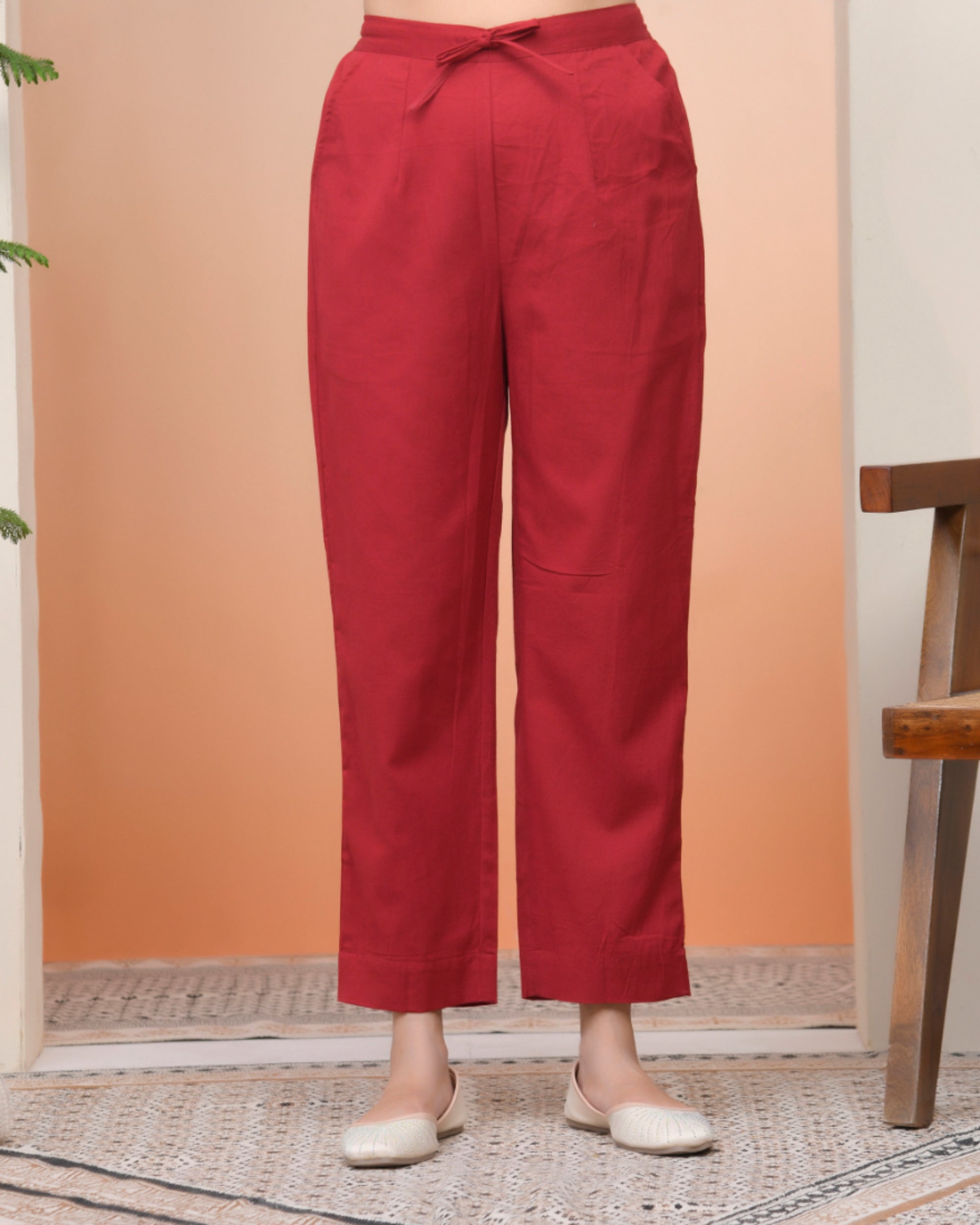 Vaasva Women Maroon Cotton Flax Solid Straight Pants