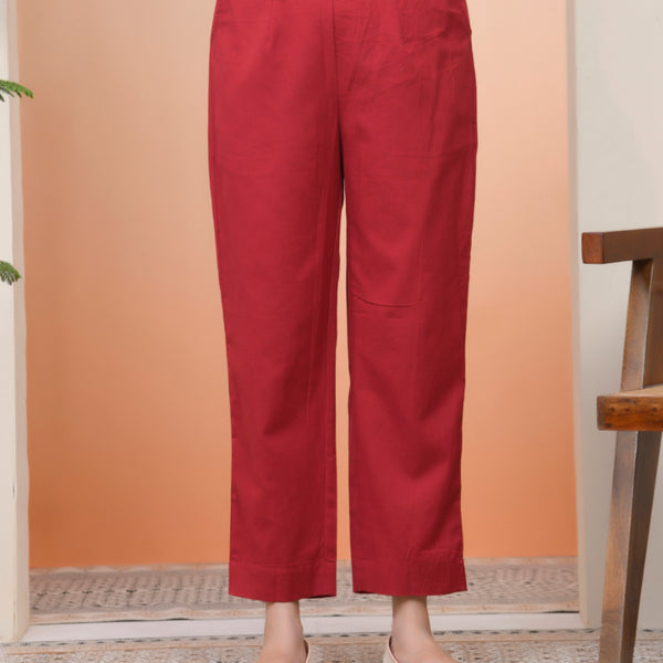 Vaasva Women Maroon Cotton Flax Solid Straight Pants