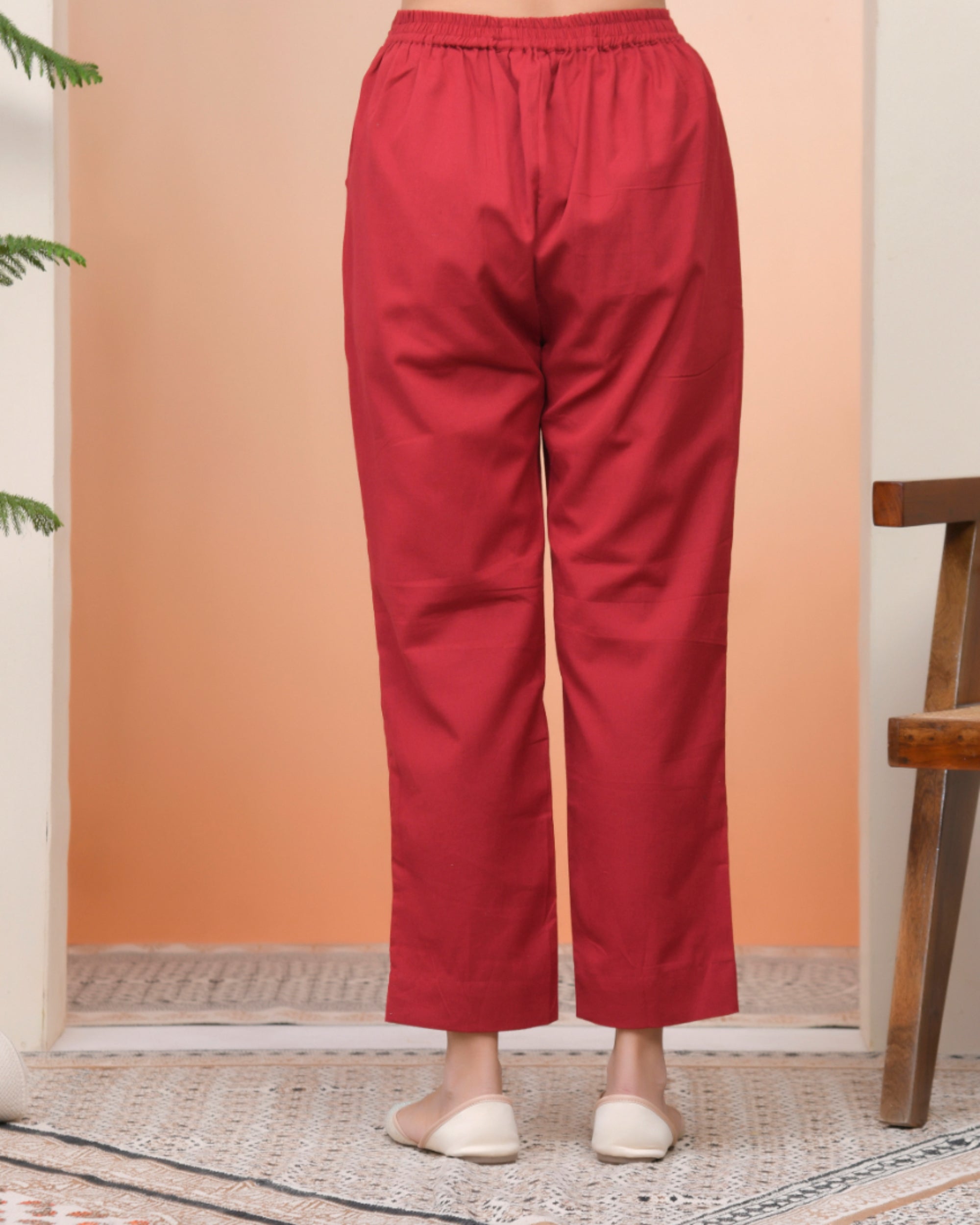 Vaasva Women Maroon Cotton Flax Solid Straight Pants
