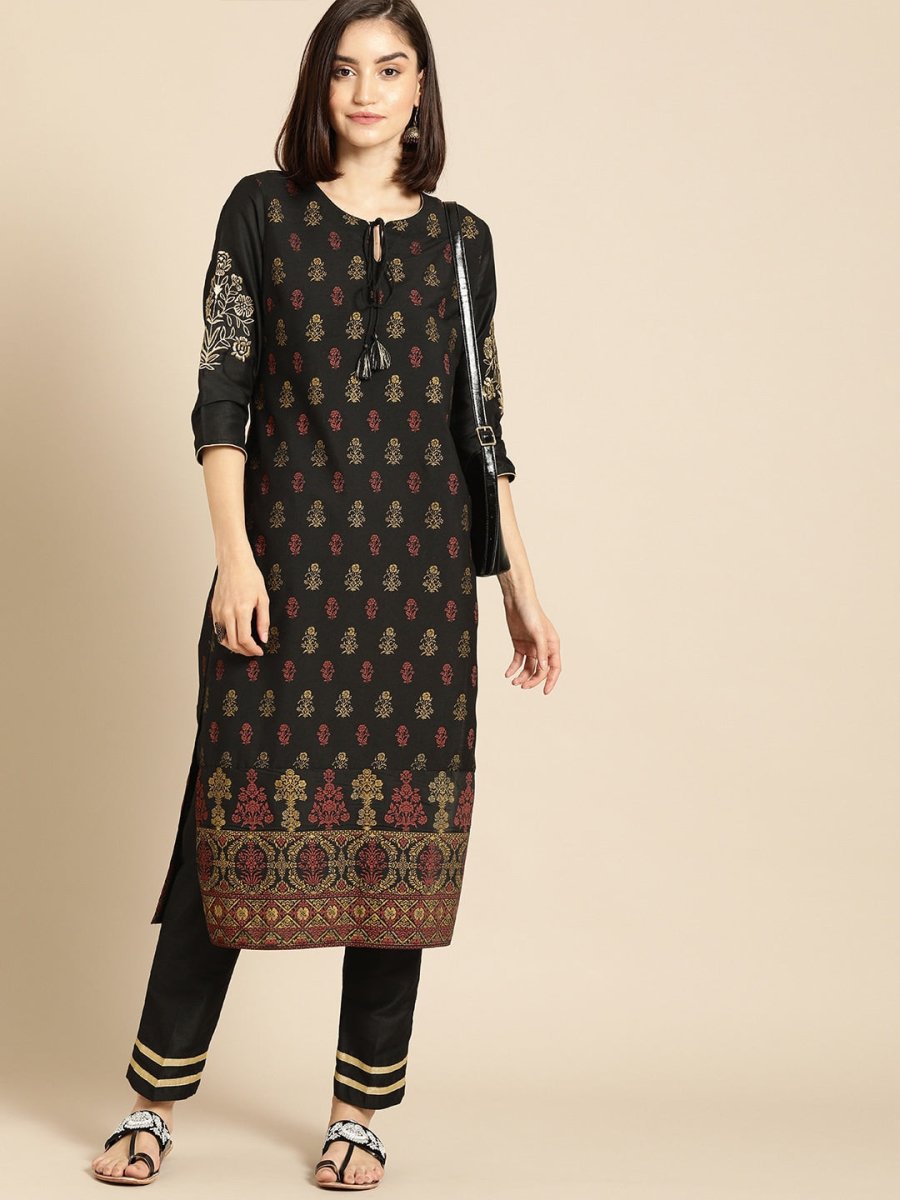 All About You Women Black & Yellow Floral Printed Regular Kurta with Trousers - Distacart