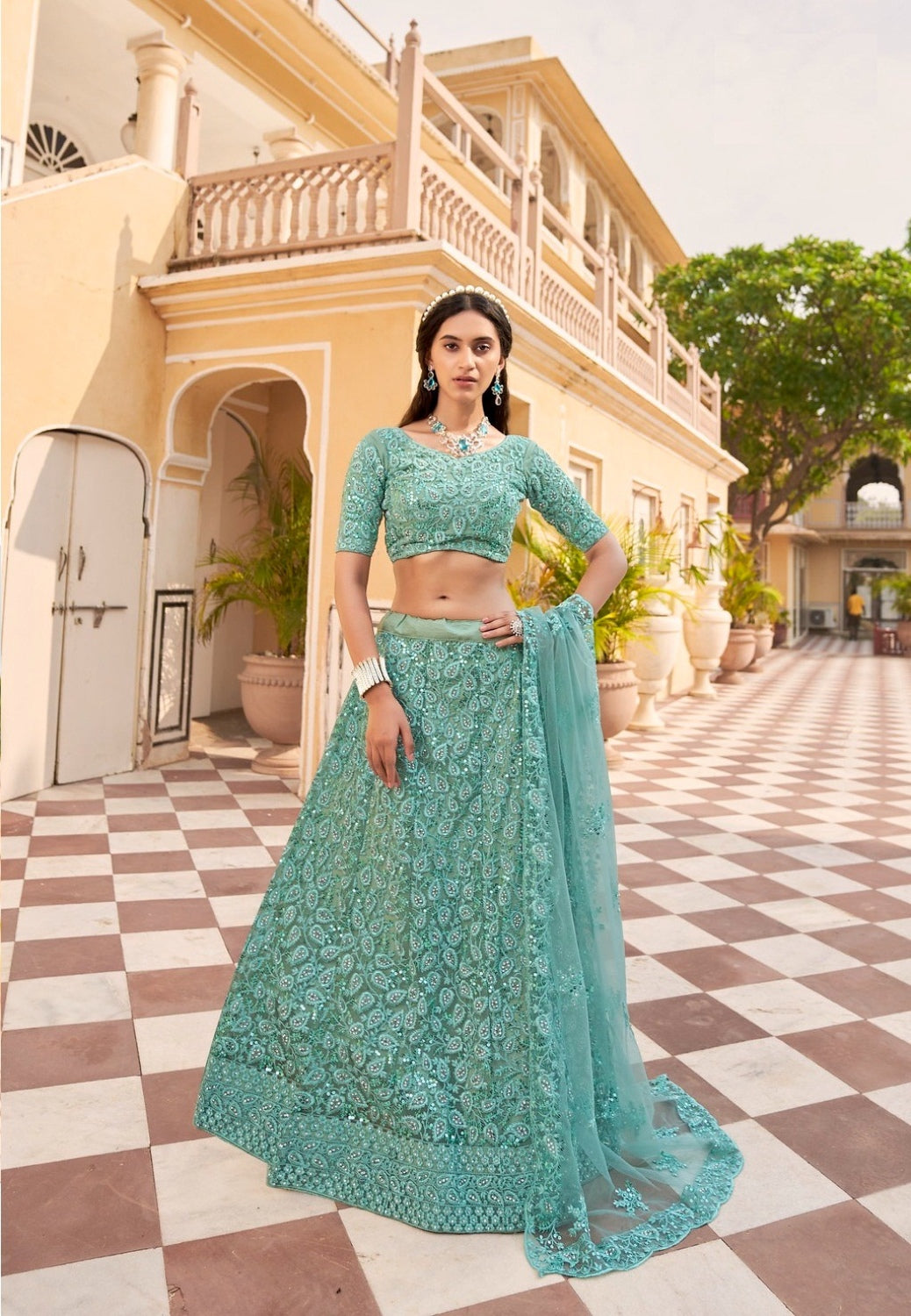 Anaita Turquoise Net Lehenga Choli With Embroidery & Sequence Work - Distacart
