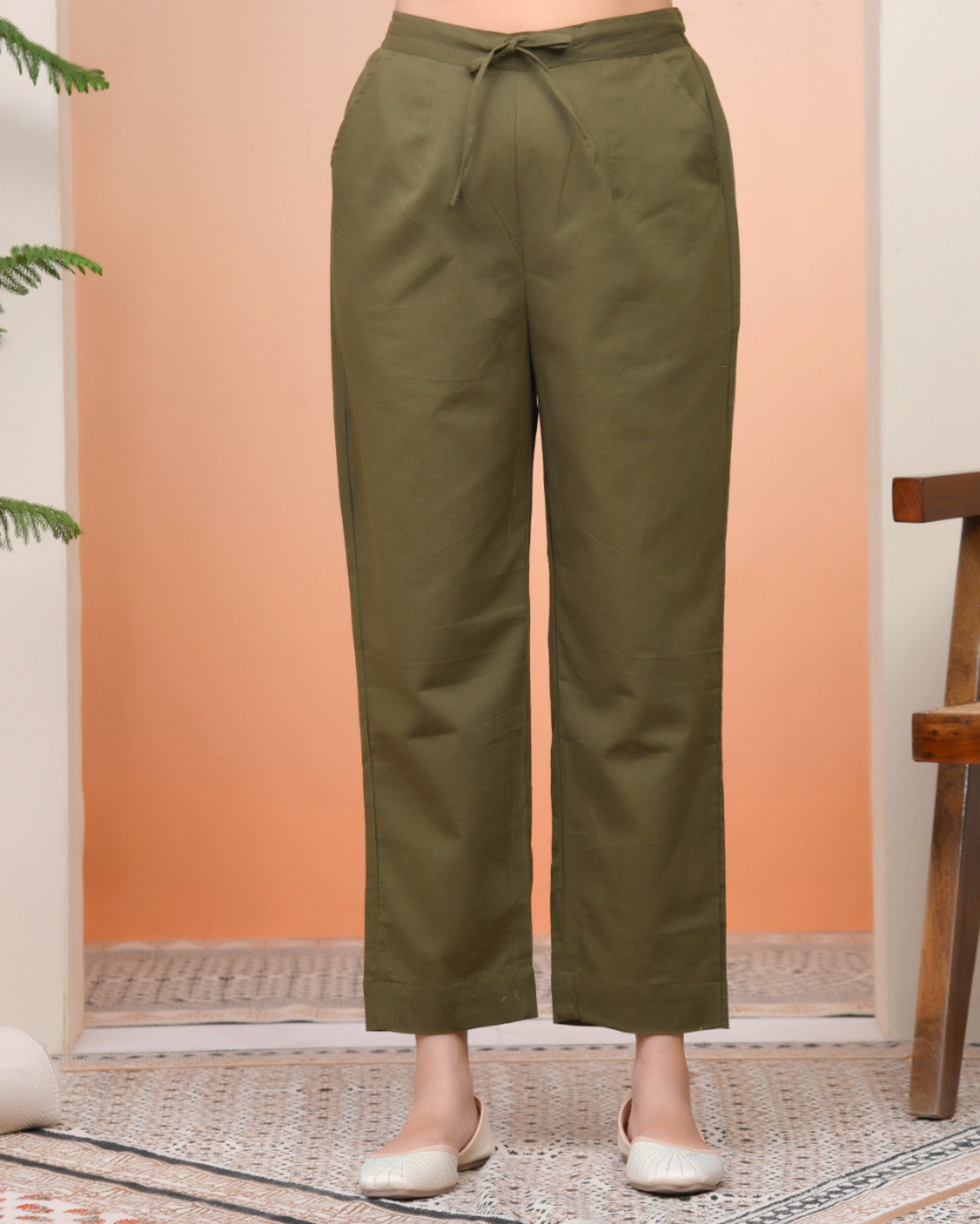 Vaasva Women Olive Green Cotton Flax Solid Straight Pants