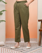Thumbnail for Vaasva Women Olive Green Cotton Flax Solid Straight Pants