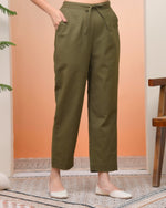 Thumbnail for Vaasva Women Olive Green Cotton Flax Solid Straight Pants