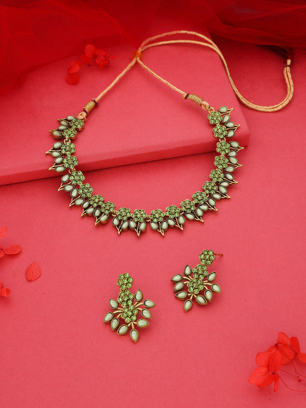 Tehzeeb Creations Sea Green Colour Gold Pleated Stone Studded Necklace With Earrings - Distacart