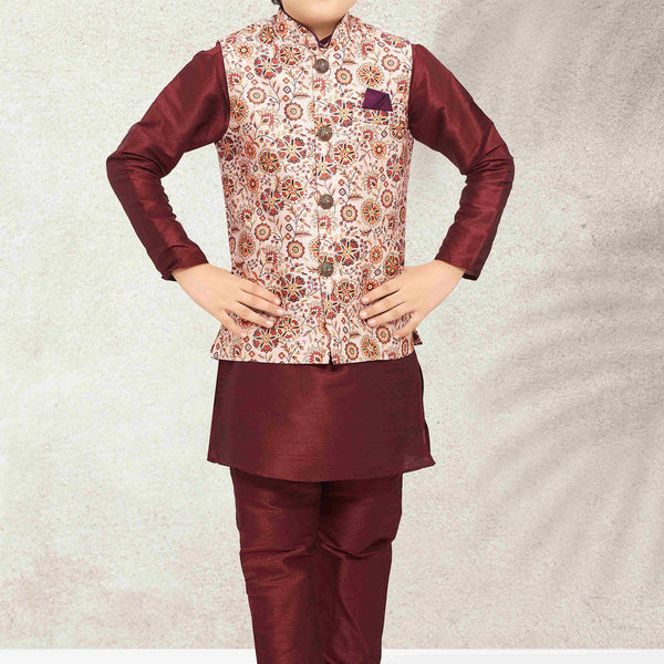 Raivat Ethnic Banarasi Silk Digital Printed Kurta Pajama With Jacket In Cream Colour - Distacart