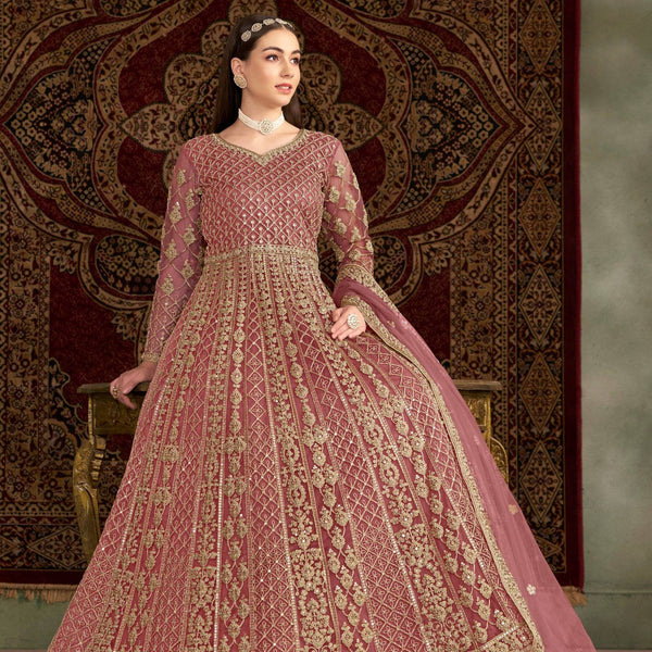 Anaita Peach Embroidered Net Anarkali Suit - Distacart