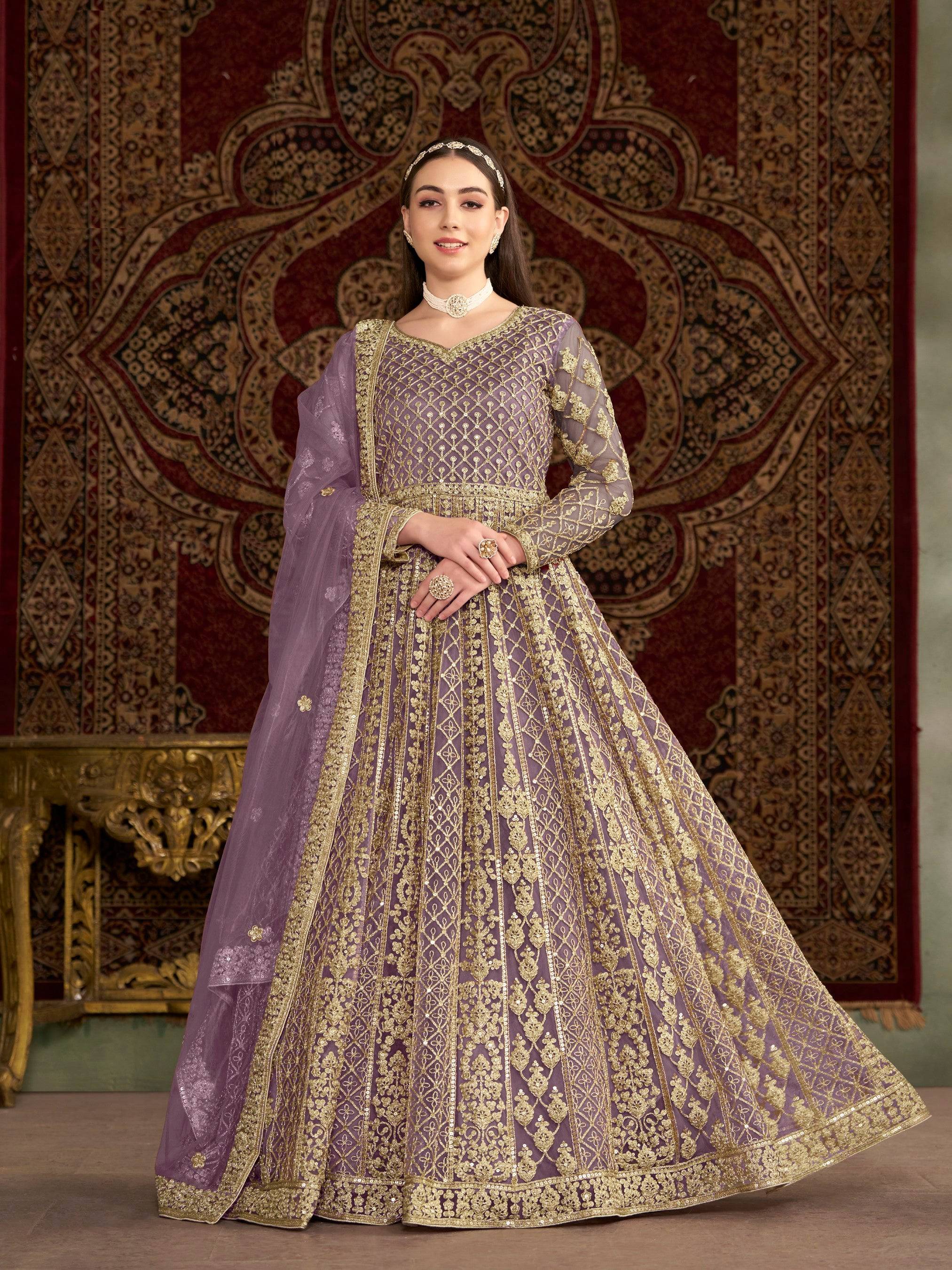 Anaita Purple Embroidered Net Anarkali Suit - Distacart