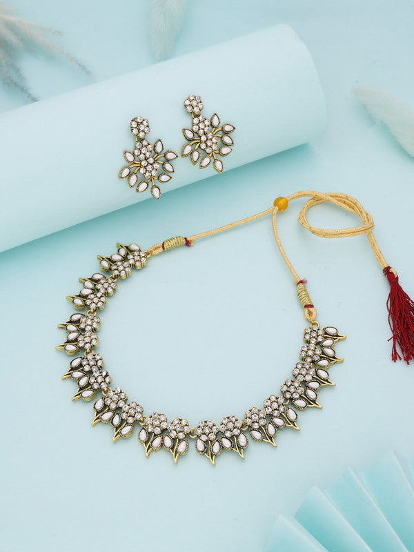 Tehzeeb Creations White Colour Gold Pleated Stone Studded Necklace With Earrings - Distacart
