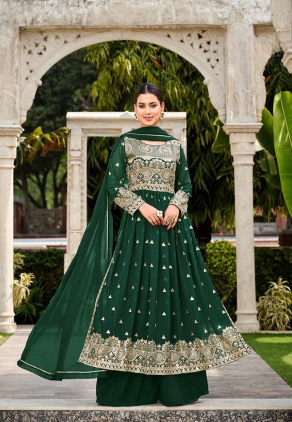 Anaita D Green Faux Georgette Plazzo Suit With Embroidery & Sequins Work - Distacart
