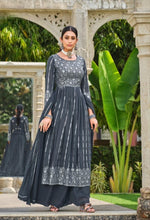 Thumbnail for Anaita Grey Faux Georgette Plazzo Suit With Embroidery & Sequins Work - Distacart
