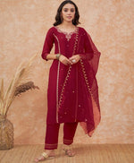Thumbnail for Sangria Maroon Floral Embroidered Straight Kurta With Trousers & Dupatta