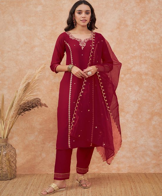 Sangria Maroon Floral Embroidered Straight Kurta With Trousers & Dupatta