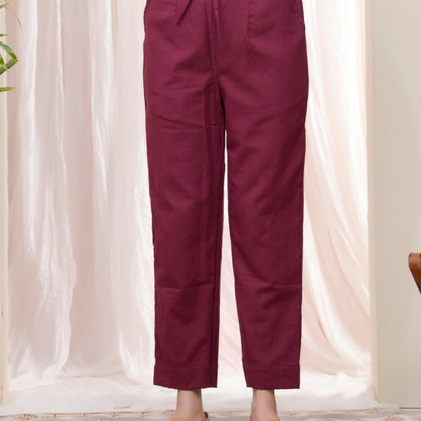 Vaasva Women Magenta Cotton Flax Solid Straight Pants