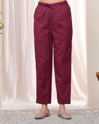 Vaasva Women Magenta Cotton Flax Solid Straight Pants