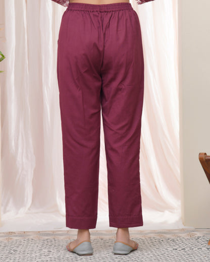 Vaasva Women Magenta Cotton Flax Solid Straight Pants - Distacart