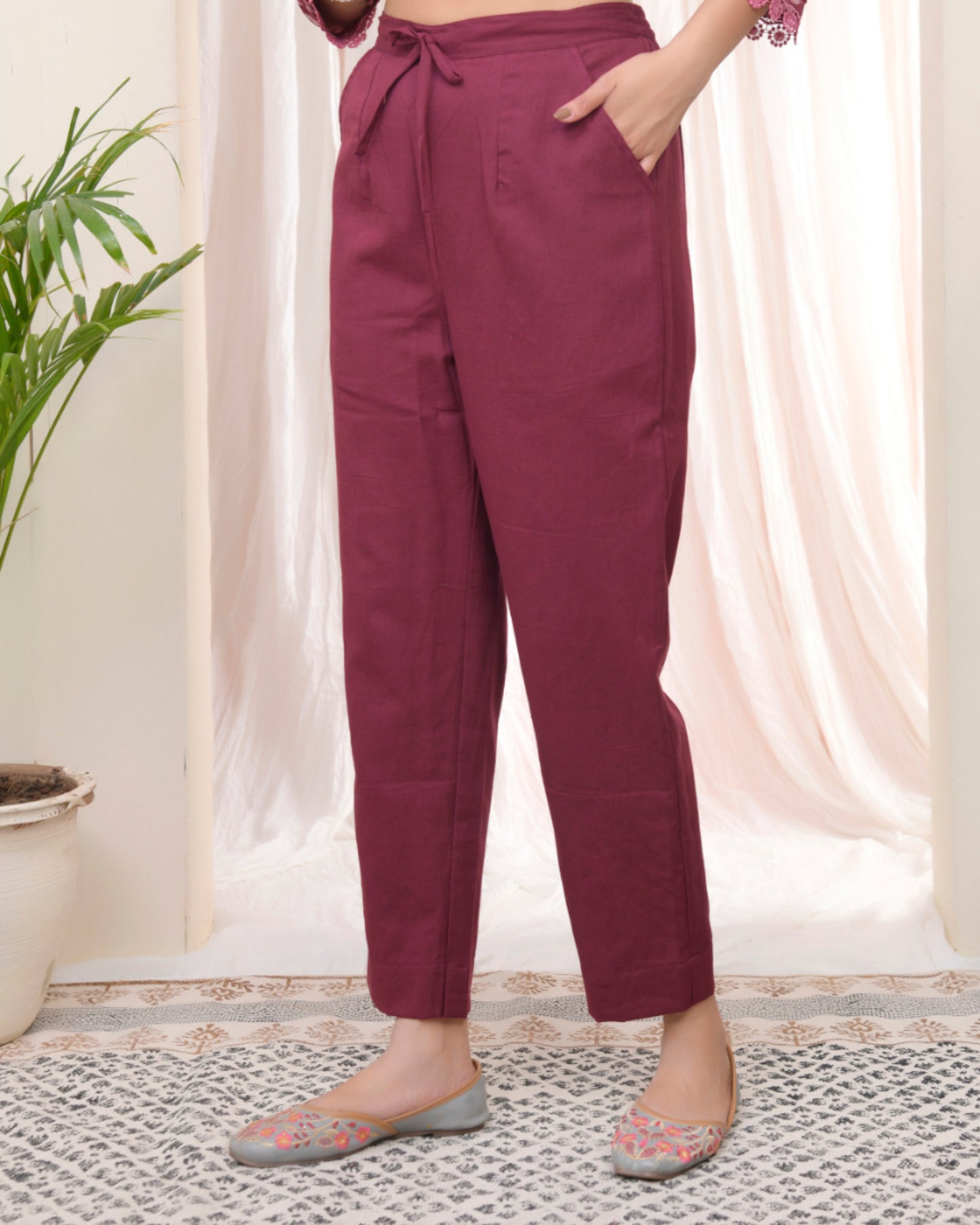 Vaasva Women Magenta Cotton Flax Solid Straight Pants - Distacart