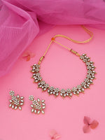 Thumbnail for Tehzeeb Creations White Colour Gold Pleated Stone Studded Necklace With Earrings - Distacart