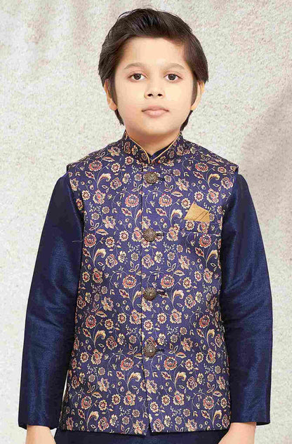 Raivat Ethnic Banarasi Silk Digital Printed Kurta Pajama With Jacket In Blue Colour - Distacart