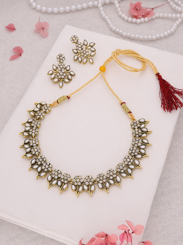 Tehzeeb Creations White Colour Gold Pleated Stone Studded Necklace With Earrings - Distacart
