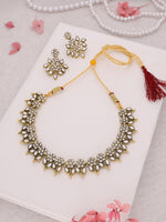 Thumbnail for Tehzeeb Creations White Colour Gold Pleated Stone Studded Necklace With Earrings - Distacart