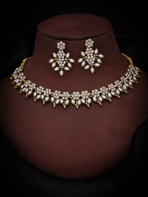 Tehzeeb Creations White Colour Gold Pleated Stone Studded Necklace With Earrings - Distacart