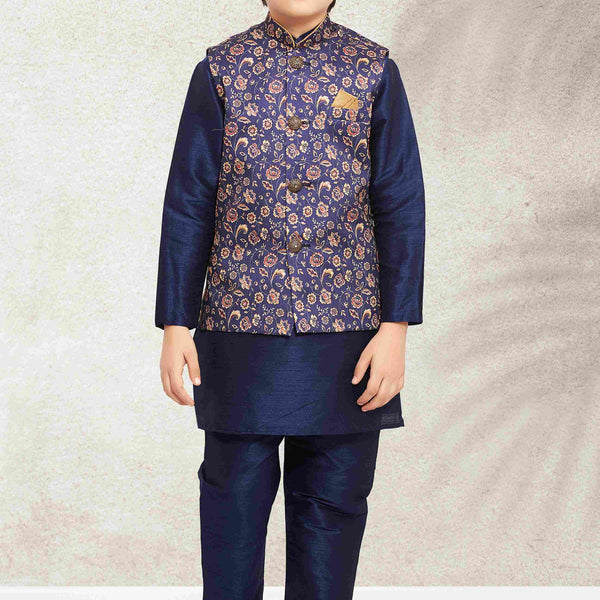 Raivat Ethnic Banarasi Silk Digital Printed Kurta Pajama With Jacket In Blue Colour - Distacart