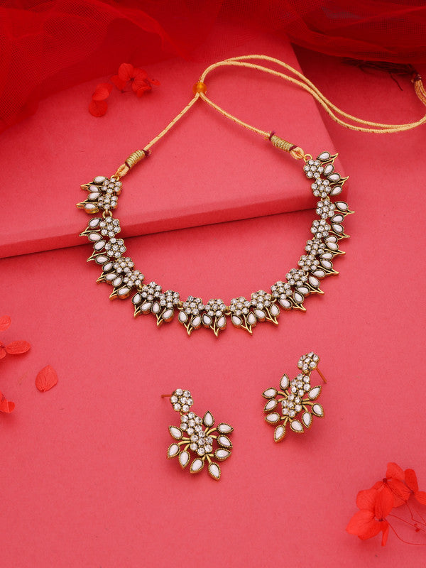 Tehzeeb Creations White Colour Gold Pleated Stone Studded Necklace With Earrings - Distacart