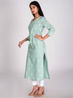 Thumbnail for Swasti Women Green & jet stream Geometric Embellished Cold-Shoulder Sleeves Chikankari Floral Kurta - Distacart