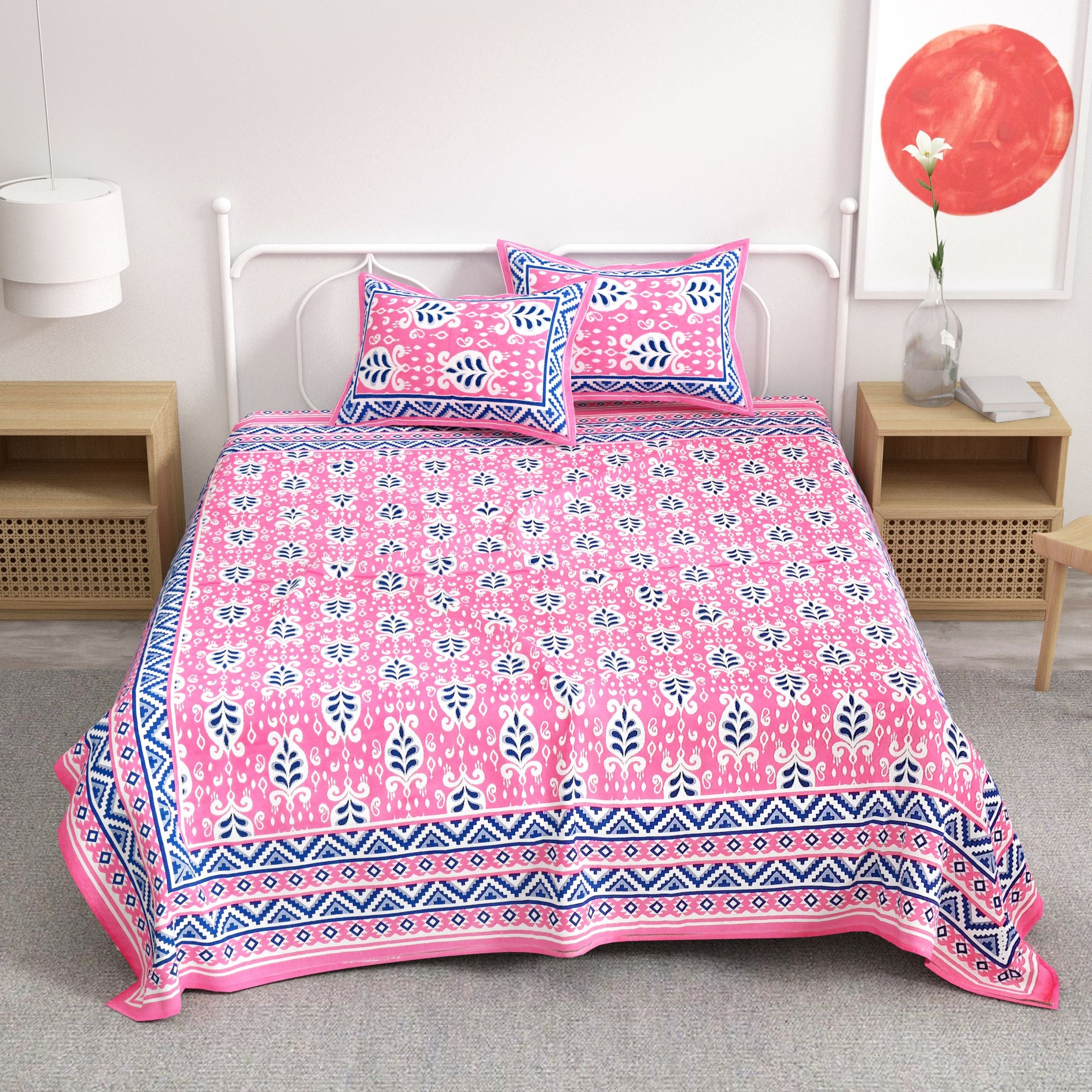 Pink Leaf Design Cotton 300TC Super King Bedsheet With 2 Zipper Pillow Covers - King Size by House of Ree - Distacart