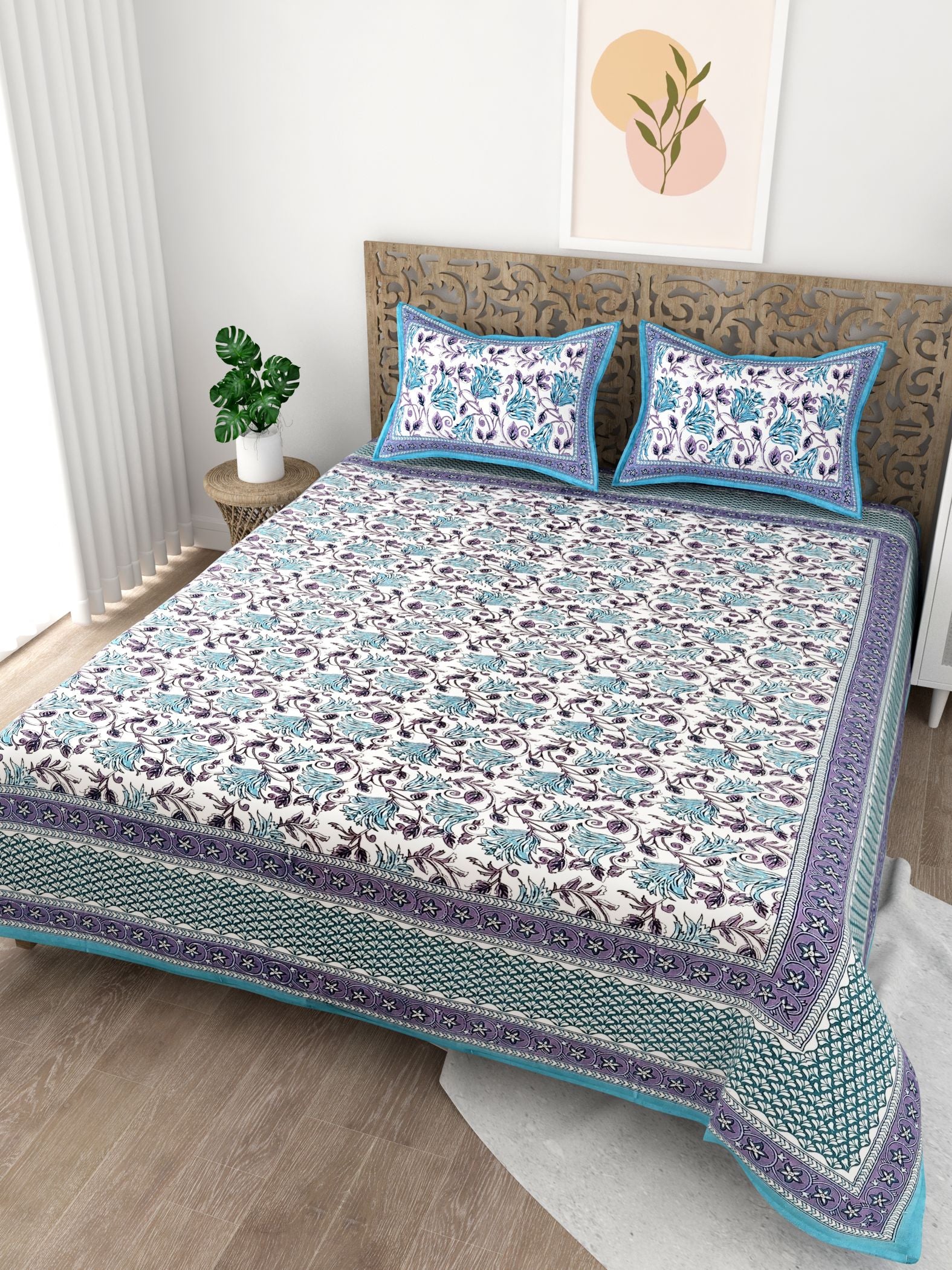 Blue Floral Printed Cotton 200TC King Bedsheet With 2 Zipper Pillow Covers - King Size by House of Ree - Distacart