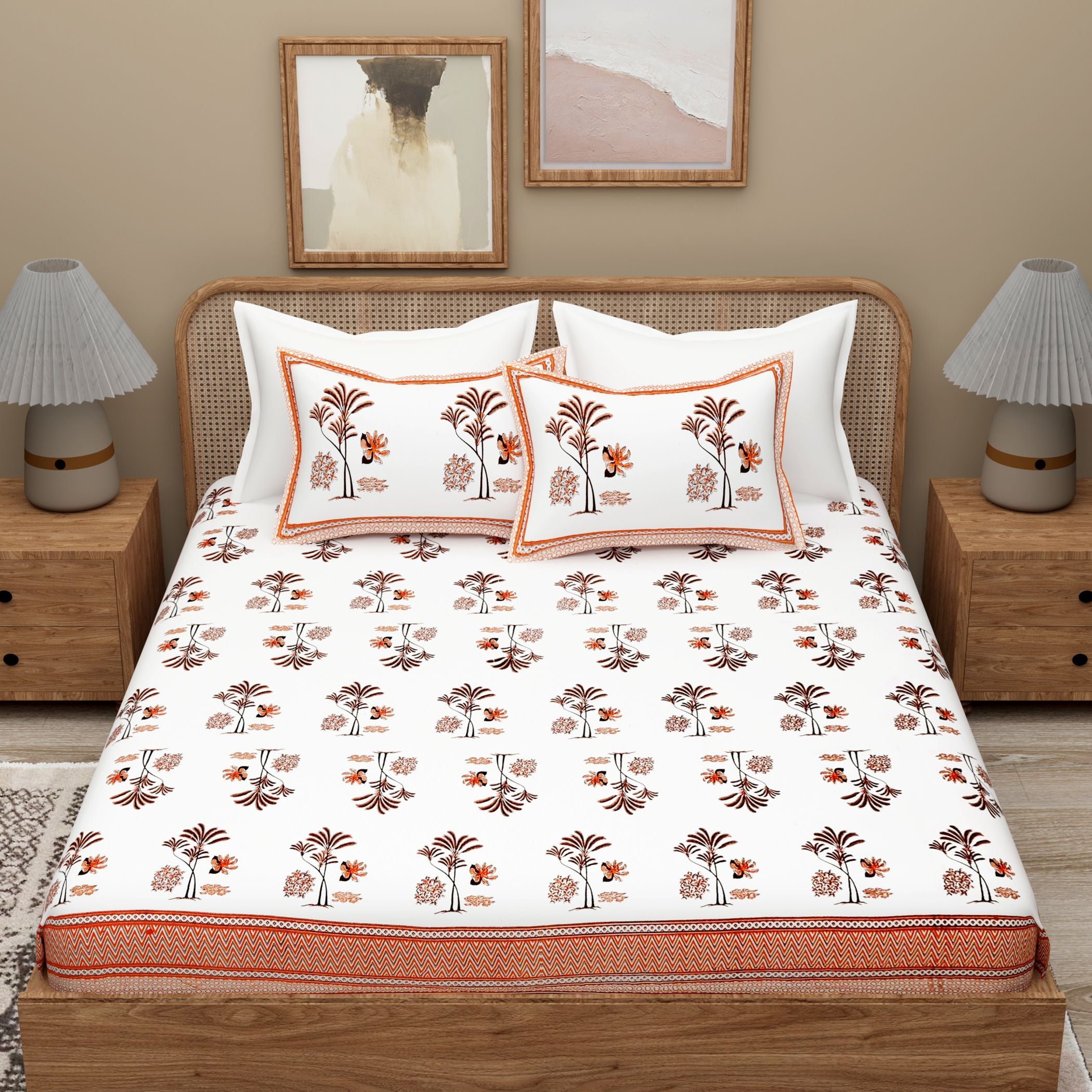 White Orange Ethnic Motifs Cotton 300TC King Bedsheet With 2 Zipper Pillow Covers - Super King Size by House of Ree - Distacart