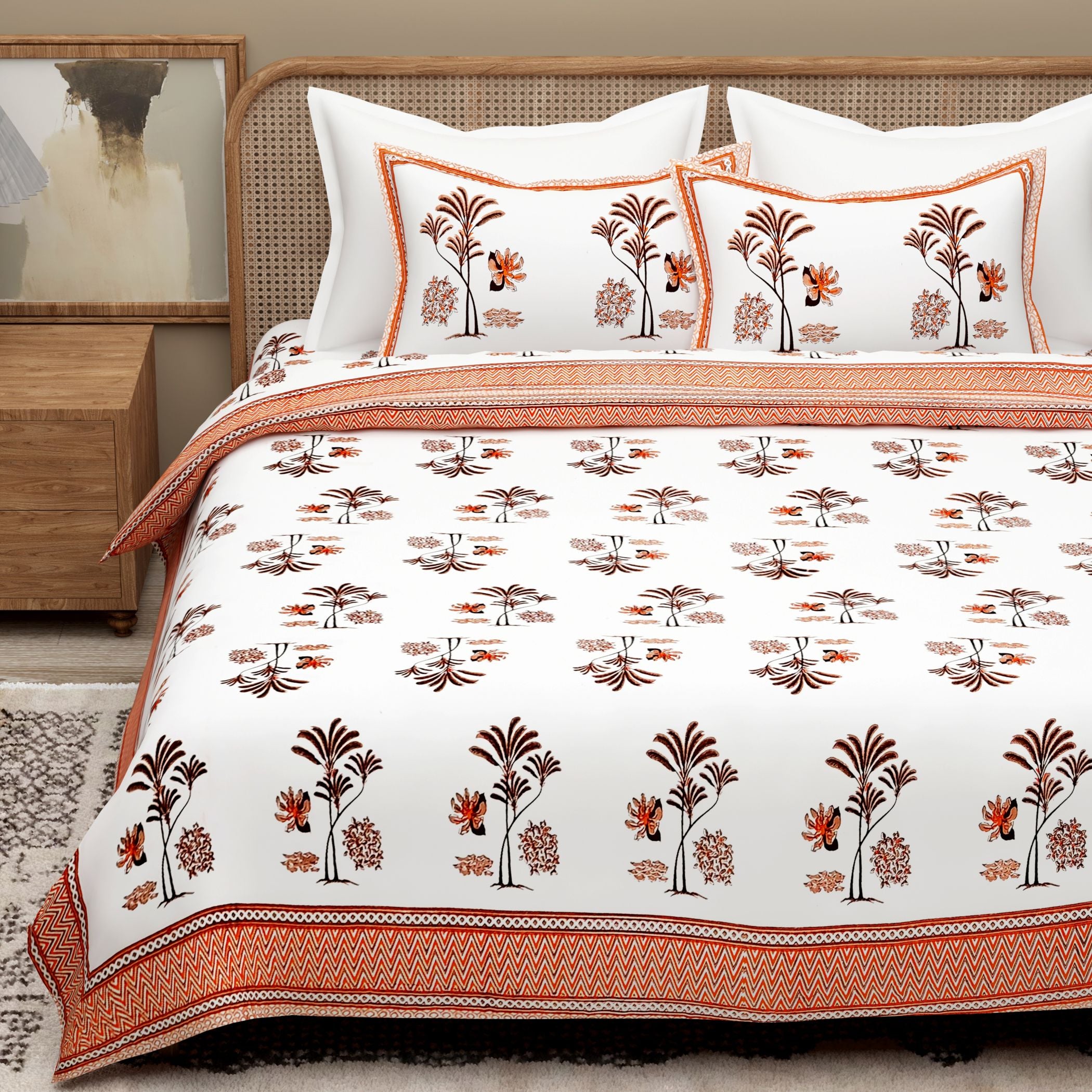 White Orange Ethnic Motifs Cotton 300TC King Bedsheet With 2 Zipper Pillow Covers - Super King Size by House of Ree - Distacart