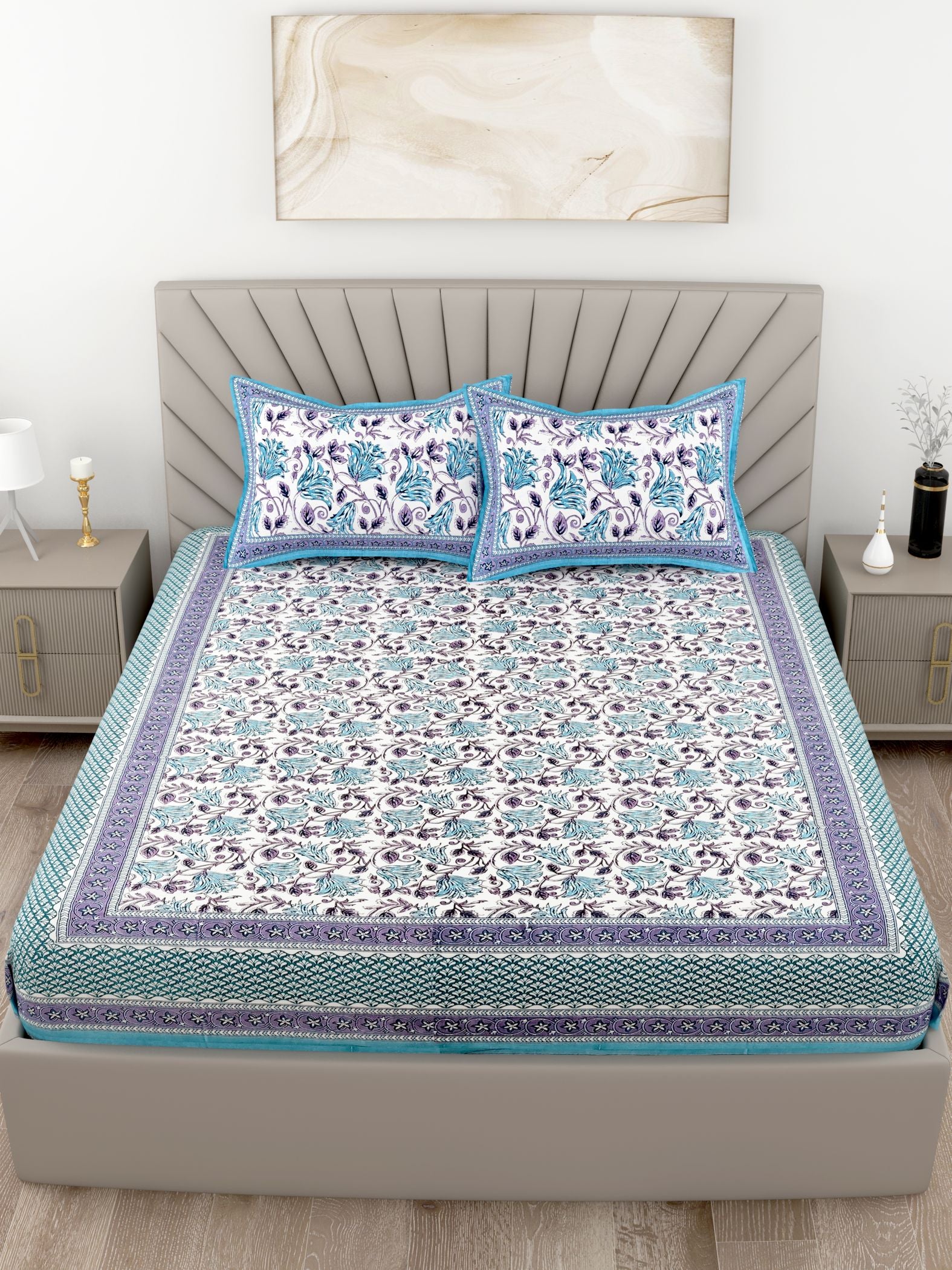 Blue Floral Printed Cotton 200TC King Bedsheet With 2 Zipper Pillow Covers - King Size by House of Ree - Distacart
