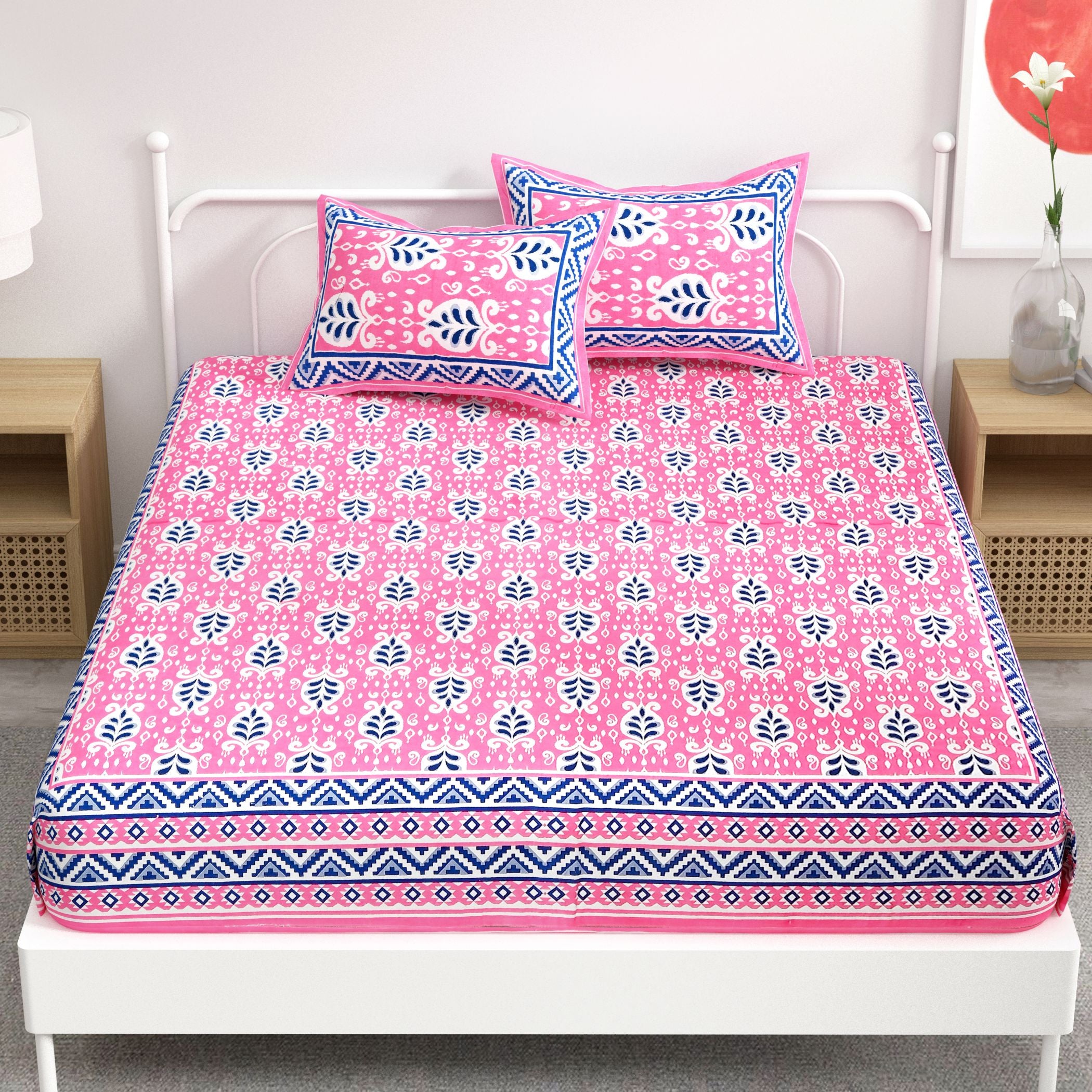 Pink Leaf Design Cotton 300TC Super King Bedsheet With 2 Zipper Pillow Covers - King Size by House of Ree - Distacart