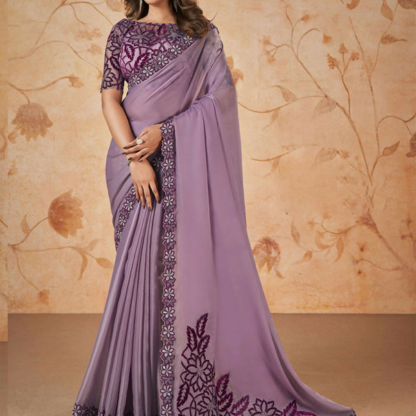 Purple Crepe Satin Silk Sequence & Cord Embroidered with Stone Work Saree - Mohmanthan Dakshika - Distacart