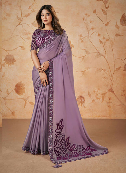 Purple Crepe Satin Silk Sequence & Cord Embroidered with Stone Work Saree - Mohmanthan Dakshika - Distacart