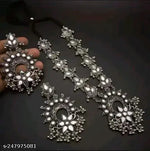 Thumbnail for Tehzeeb Creations Women's Silver Colour Oxidised Necklace And Earrings With White Kundan - Distacart