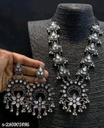 Thumbnail for Tehzeeb Creations Women's Silver Colour Oxidised Necklace And Earrings With White Kundan - Distacart