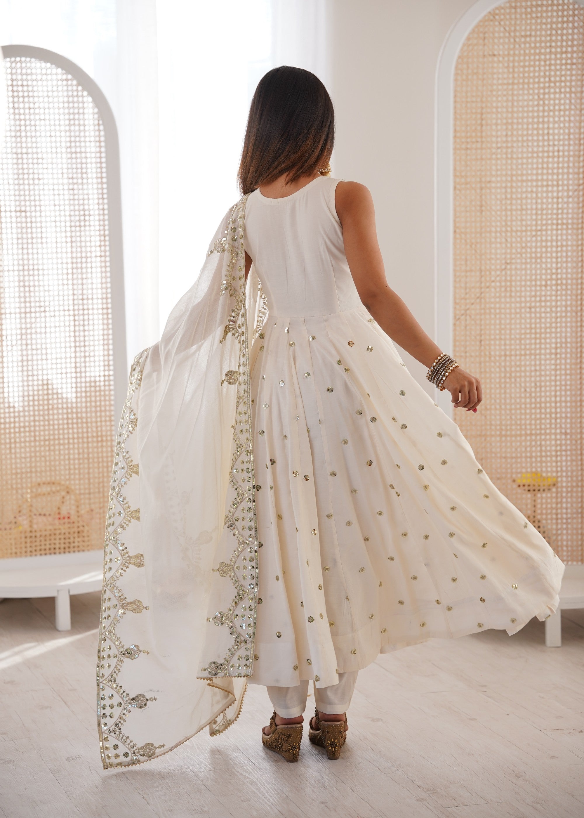 Anaita White Silk Readymade Anarkali Suit with Embroidery & Sequence Work - Dista