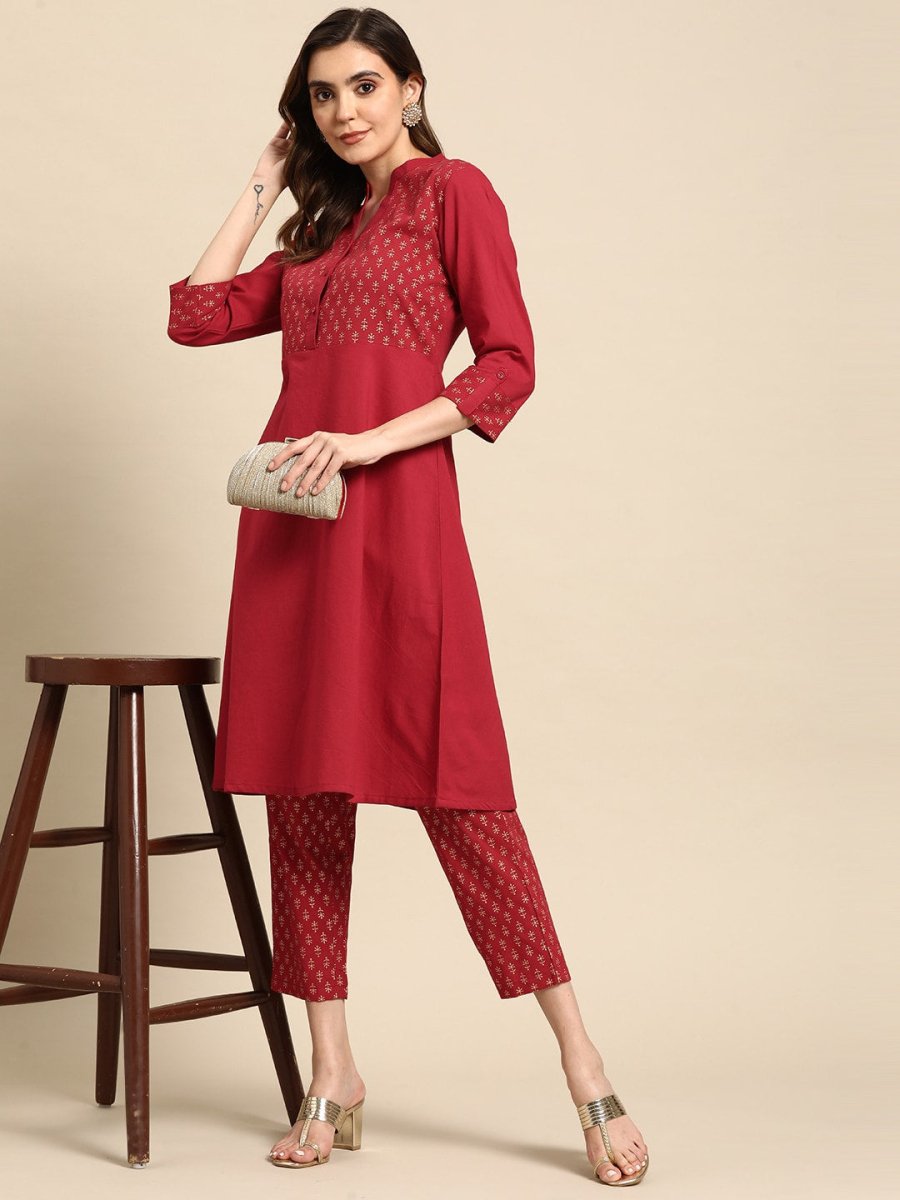 All About You Women Motifs Yoke Design A-Line Kurta with Trousers - Distacart