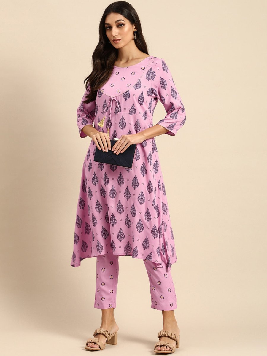 All About You Women Pink Ethnic Motifs Printed Empire Kurta with Trousers - Distacart