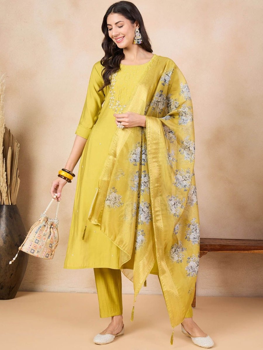 Anouk Yellow Floral Yoke Design Thread Work Chanderi Silk Kurta With Trousers & Dupatta - Distacart
