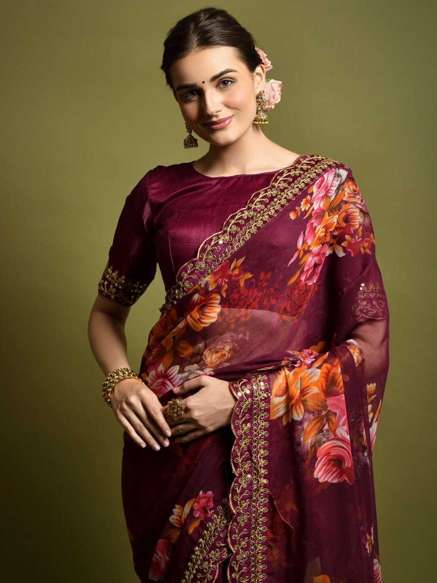 Anouk Magenta & Orange Floral Printed Sequined Pure Georgette Saree - Distacart